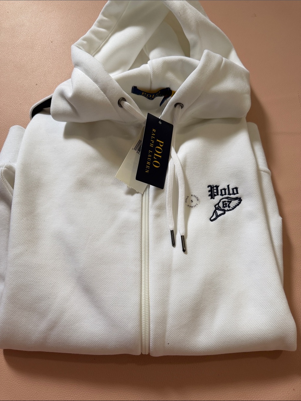 Polo by Ralph Lauren Men’s White Hooded Zip Jacket with Navy Embroidery